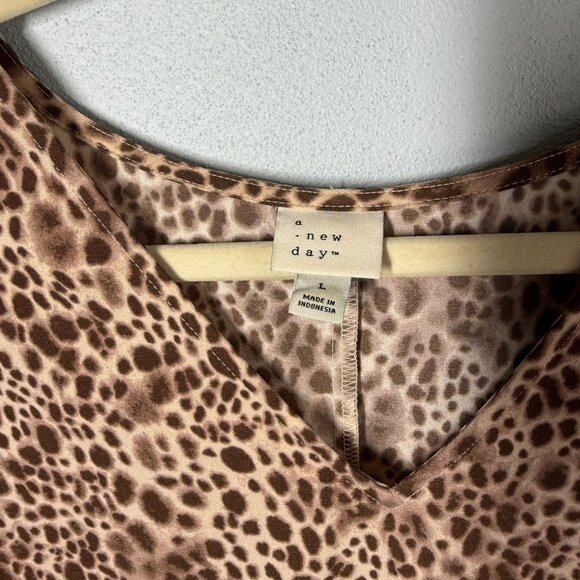 A New Day Women Leopard Print Mini Dress Large Swing Ruffle Boho V-Neck - Picture 9 of 11